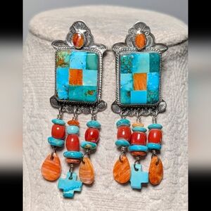 Artisan Turquoise and Orange Dangle Earrings